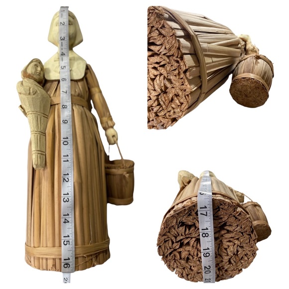 Vintage Cornhusk & Carved Wood 17” Male & 16” Female Pilgrim Figures - Picture 5 of 14